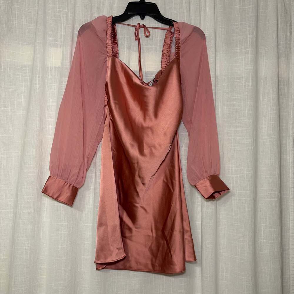 WeWoreWhat Mini Dress Womens 4 Rose Satin Sheer Long Sleeve Square Neck Romantic